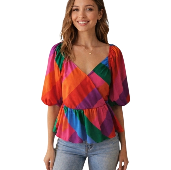Skies Are Blue Tops - Skies Are Blue Anahi Rainbow Stripe Surplice Blouse Size S Colorful Peplum Top